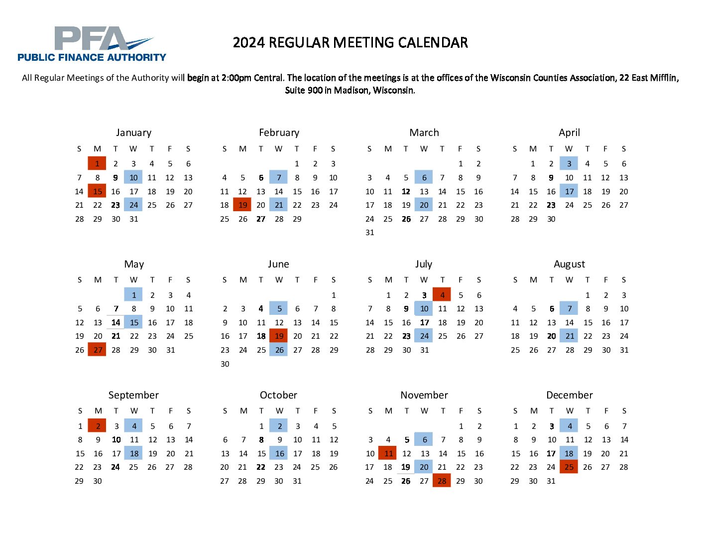 PFA 2022 Regular Meeting Calendar