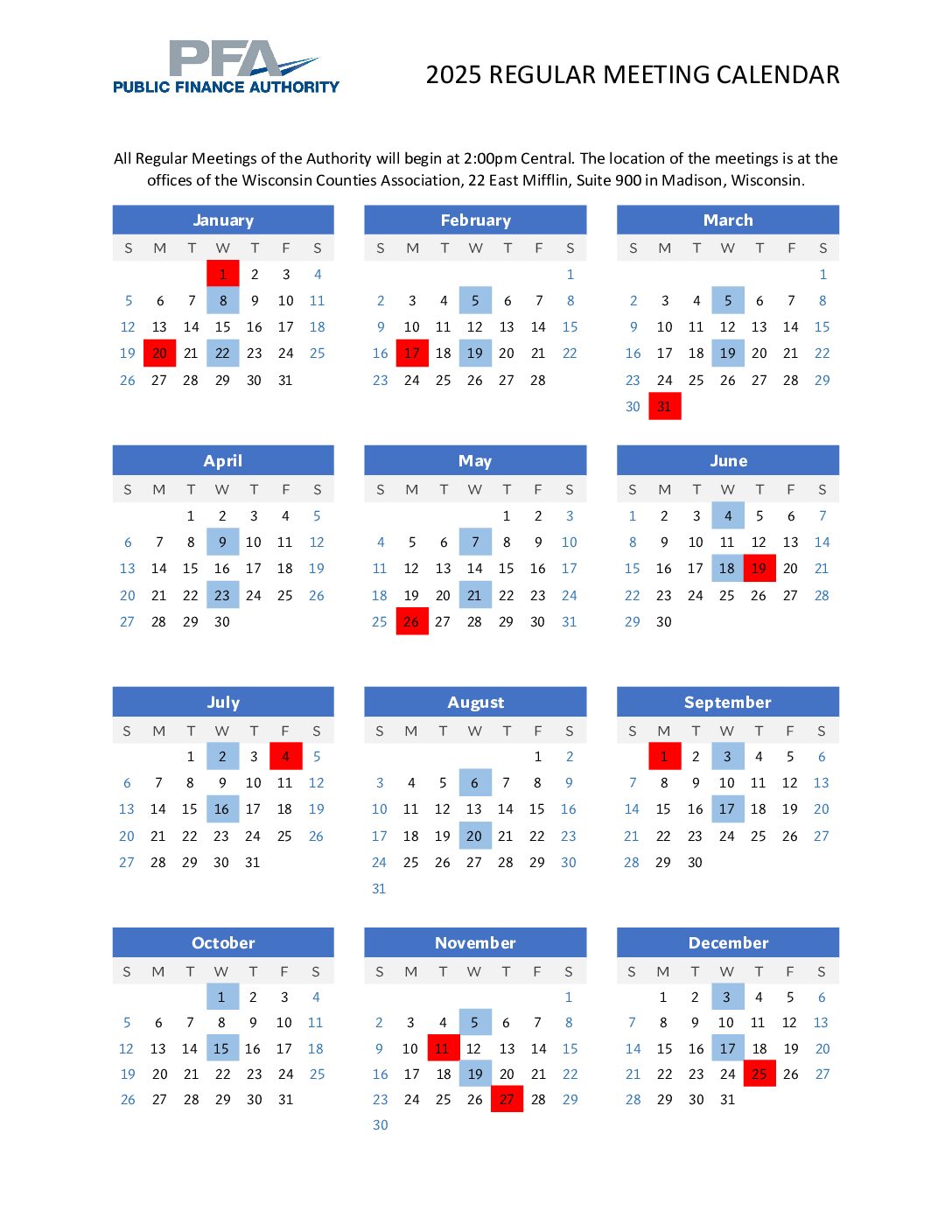 PFA 2022 Regular Meeting Calendar