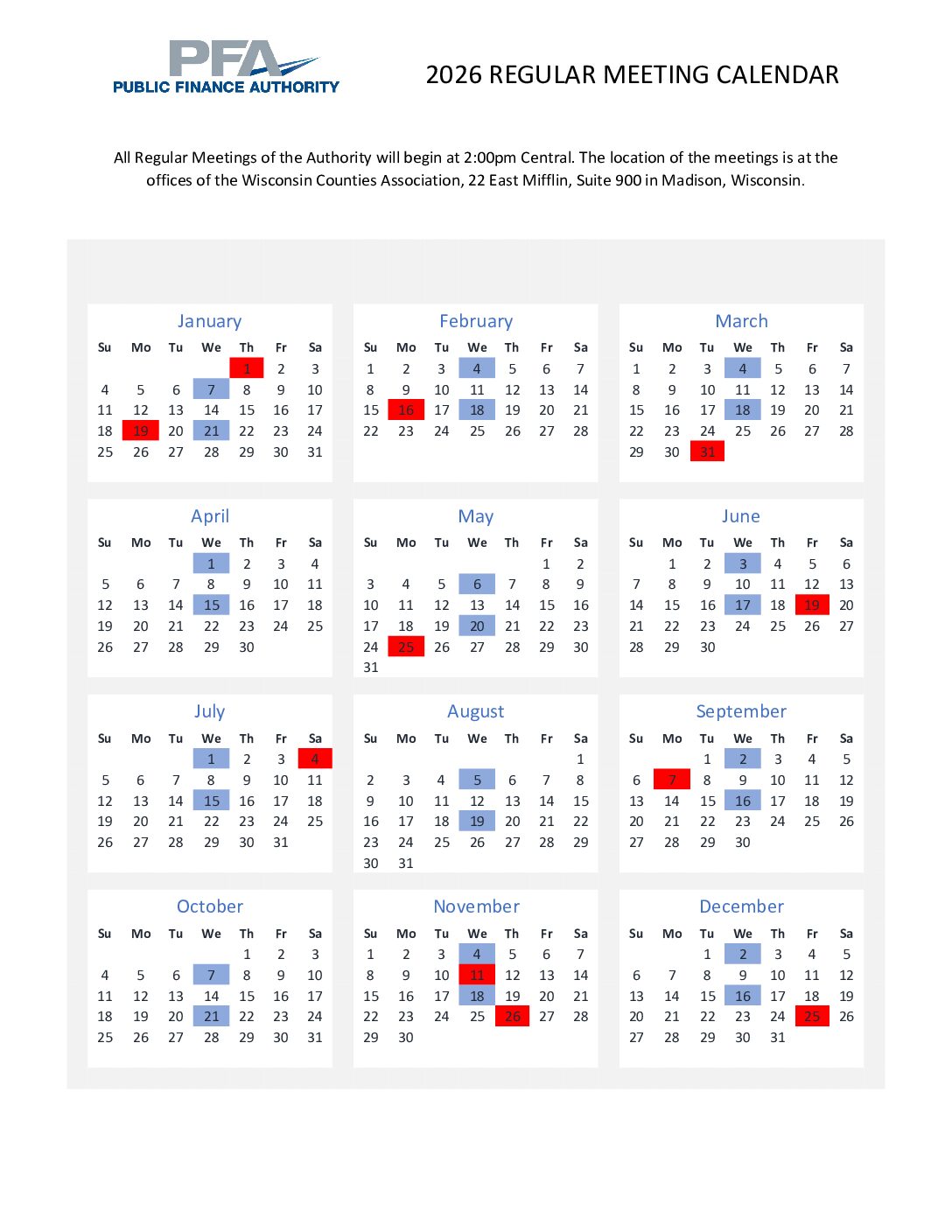 PFA 2022 Regular Meeting Calendar